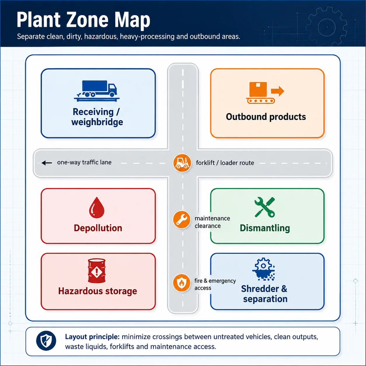 Scrap car recycling plant zone map showing receiving depollution hazardous storage dismantling shredding and outbound product areas