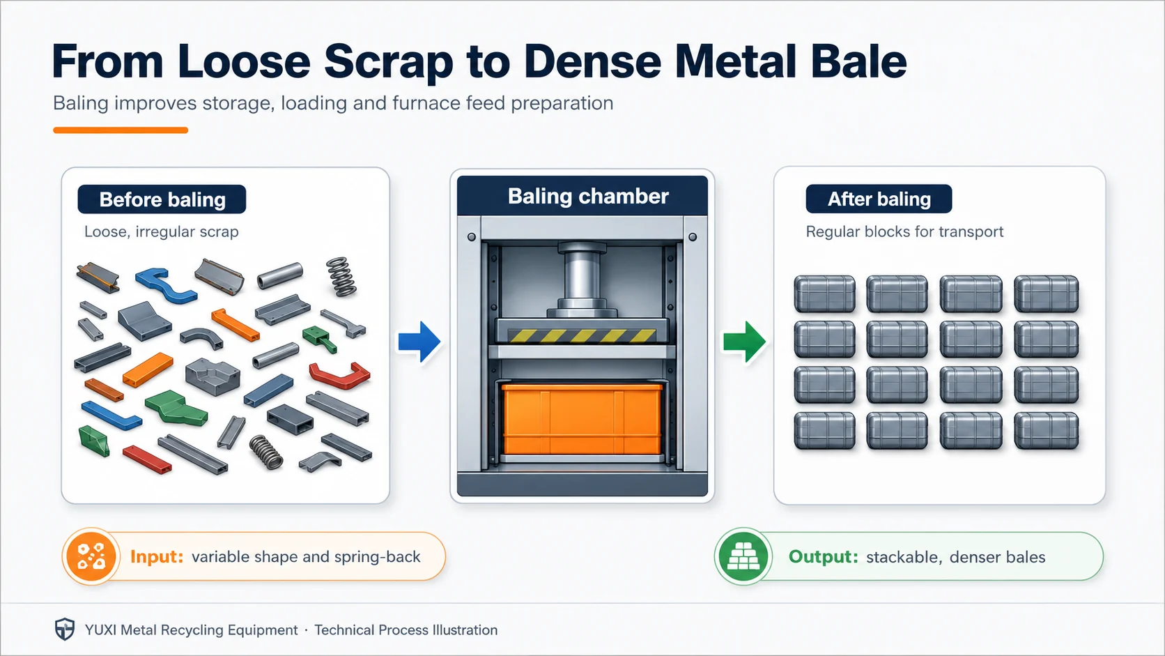 Loose scrap to dense metal bale Loose scrap metal becomes dense uniform bales for storage transport and smelting preparation