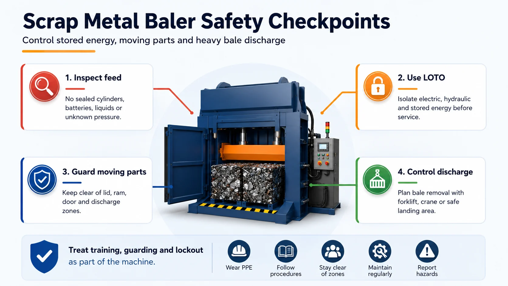 Scrap metal baler safety checkpoints Scrap metal baler safety checkpoints including feed inspection guarding lockout tagout and discharge control