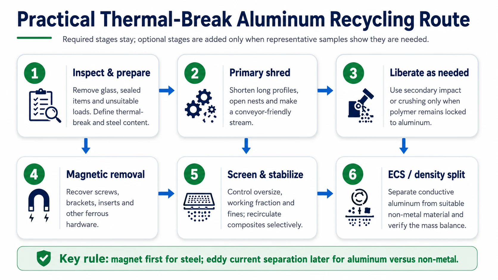 Six-stage thermal break aluminum recycling process with shredding magnetic separation screening and eddy current separation