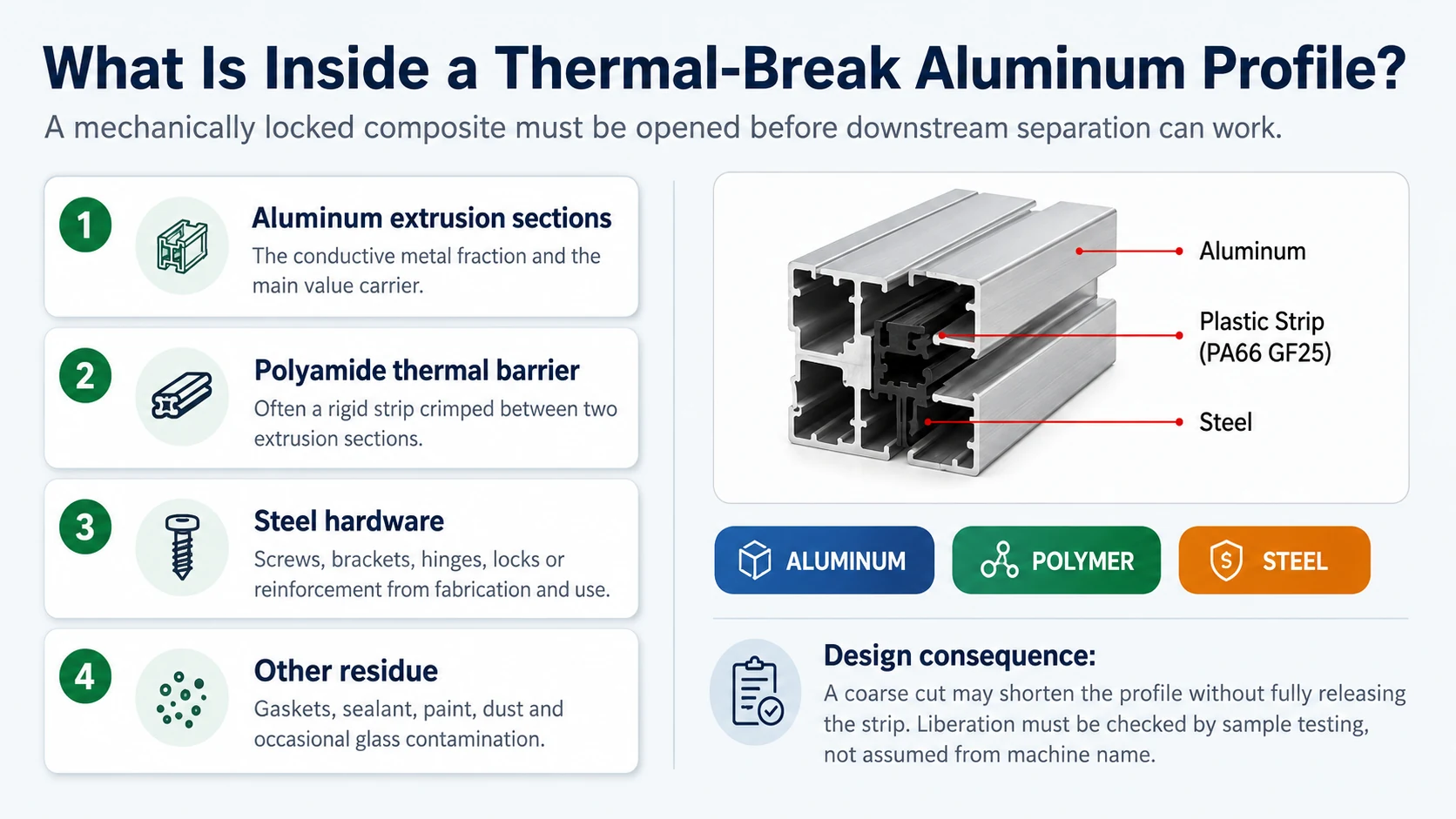 Material structure of a thermal break aluminum profile with aluminum polymer strip steel and residue