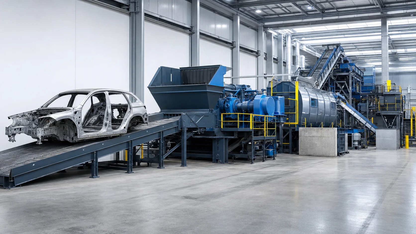 Vehicle recycling equipment line processing a prepared end-of-life car body