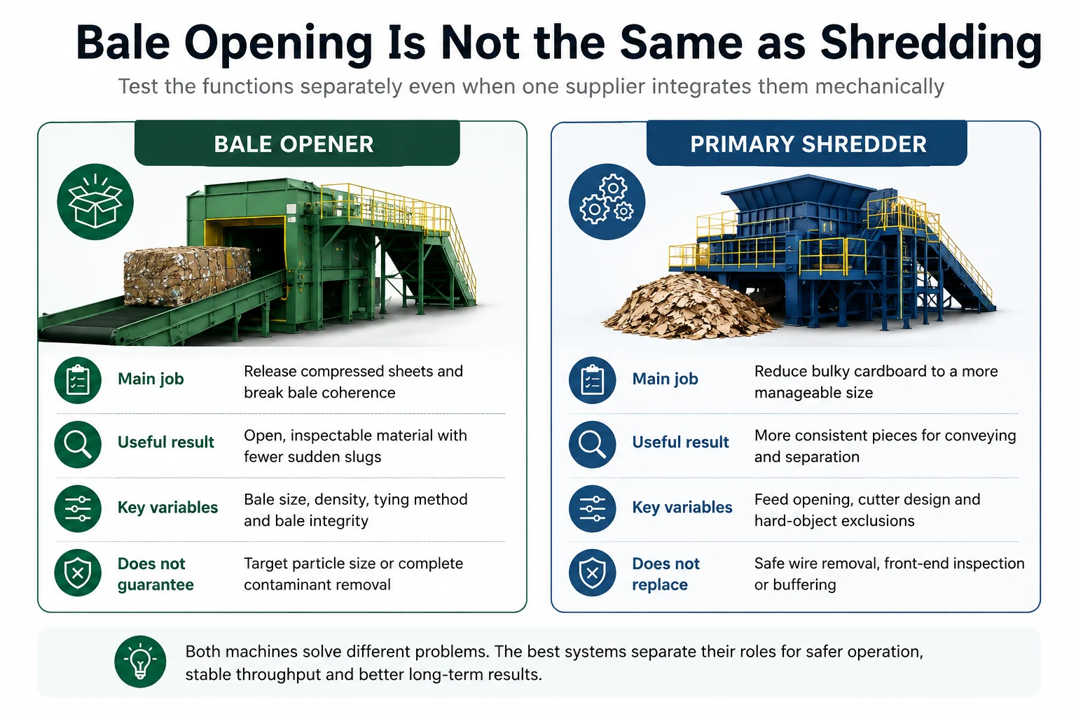 Comparison of OCC bale opening and primary shredding by purpose, output condition, design variables and process limits