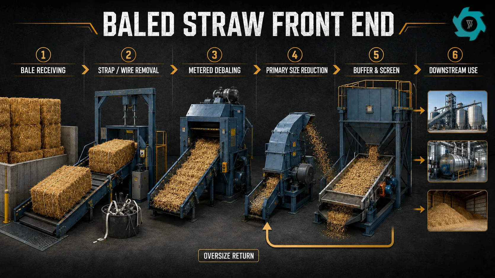 Baled straw front-end process from receiving and binding removal to metered debaling, size reduction and screening