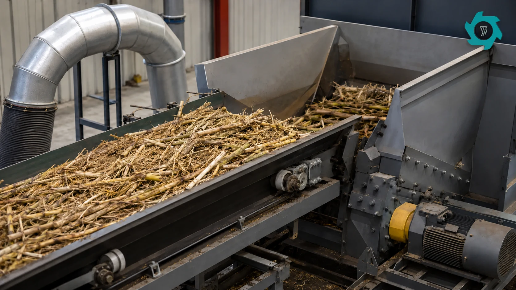 Metered conveyor feeding long crop stalks into a biomass shredder with dust extraction