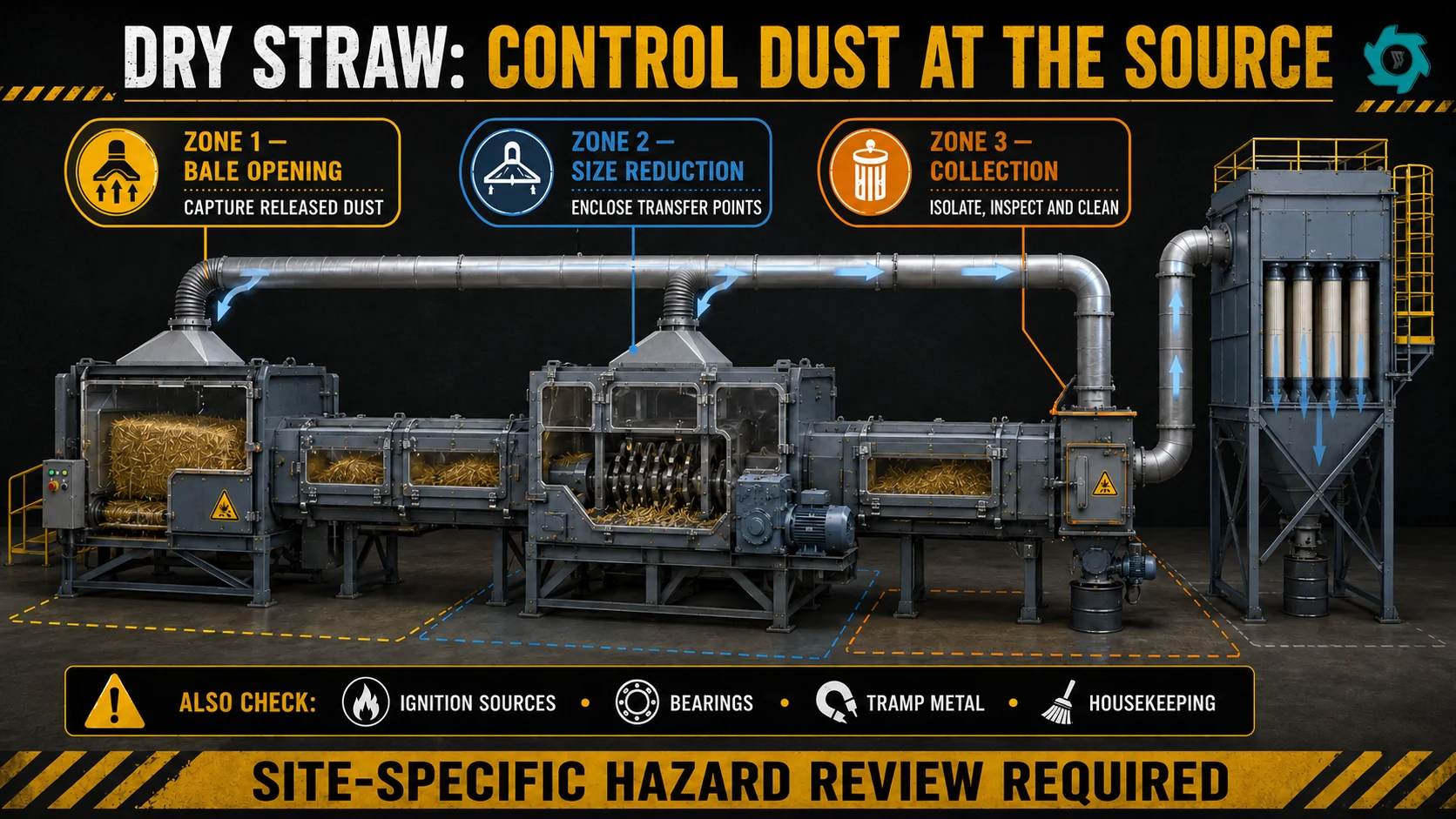 Dry straw dust control zones at bale opening, size reduction and isolated collection