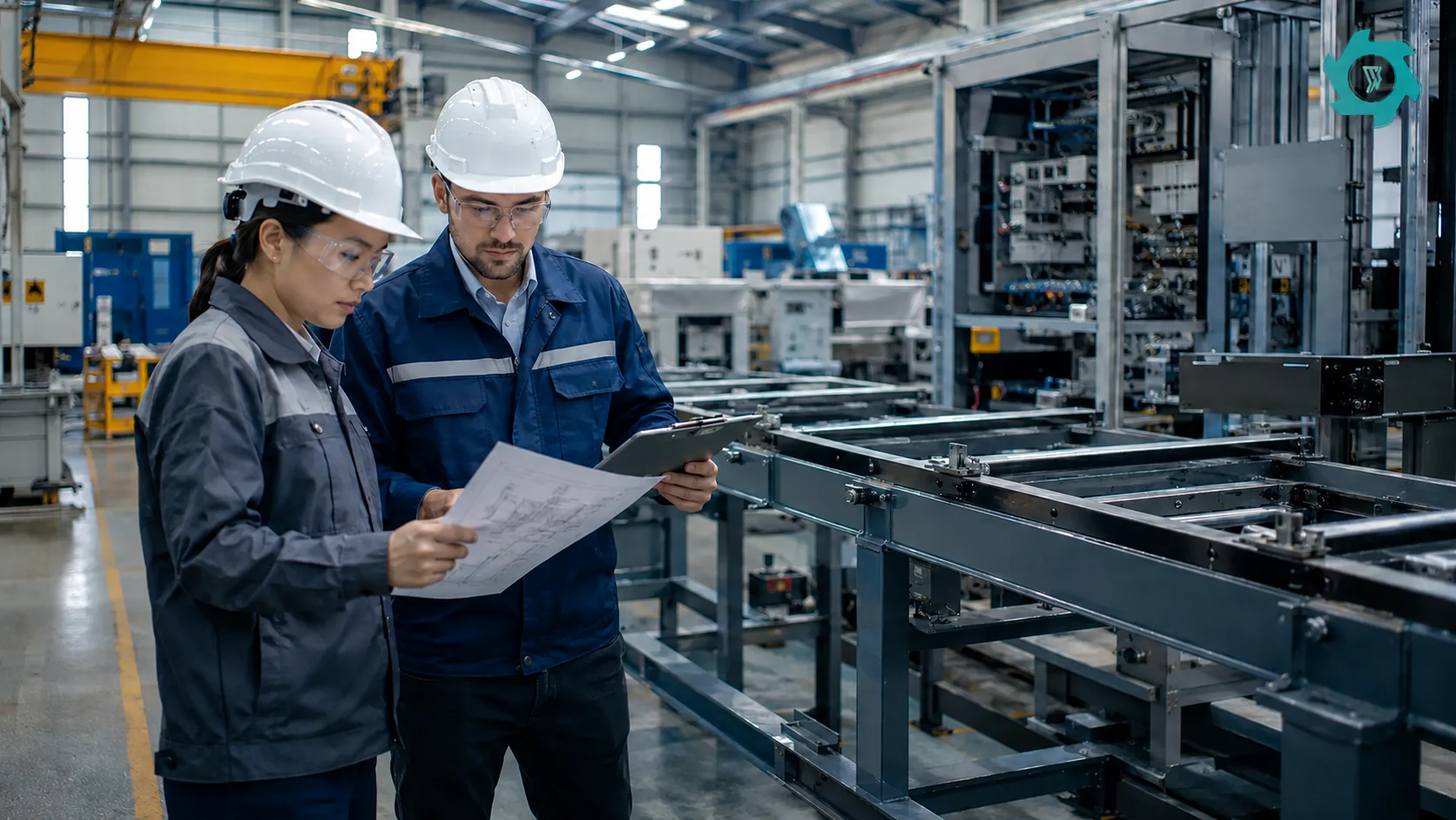 Procurement and plant engineers reviewing recycling equipment during a manufacturer factory audit