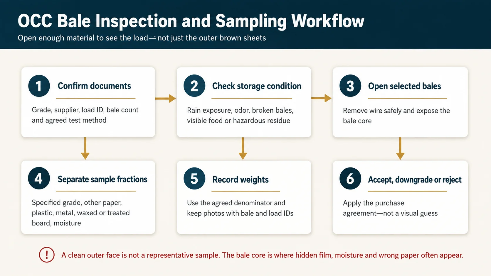 Six step OCC bale inspection and sampling workflow from document check to acceptance downgrade or rejection