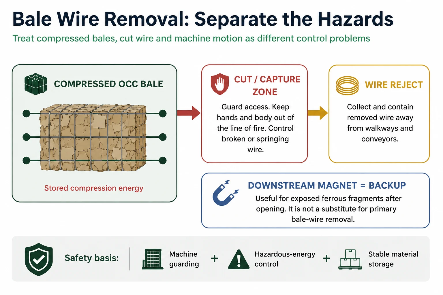 OCC bale wire removal safety zones showing compressed bale, cut and capture zone, wire reject route and downstream magnetic separation