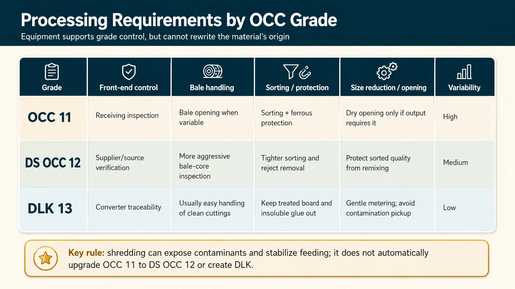 Processing requirements for OCC 11 DS OCC 12 and DLK including receiving bale handling sorting and size reduction