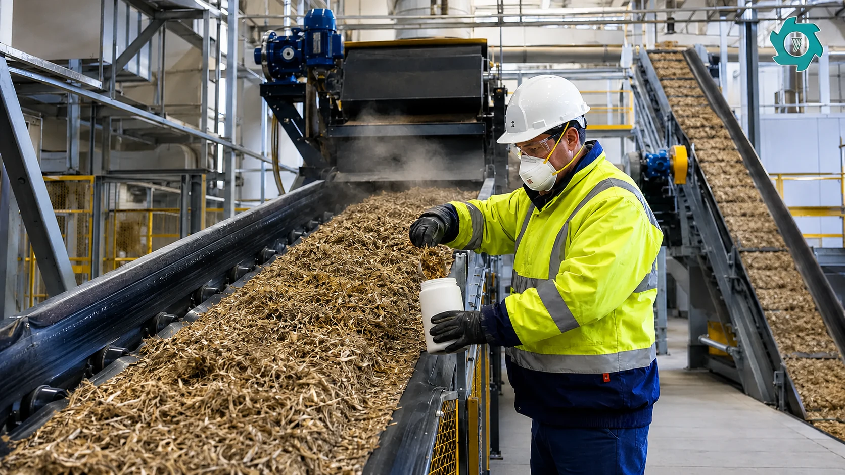 Operator sampling shredded crop residue output from an agricultural recycling line
