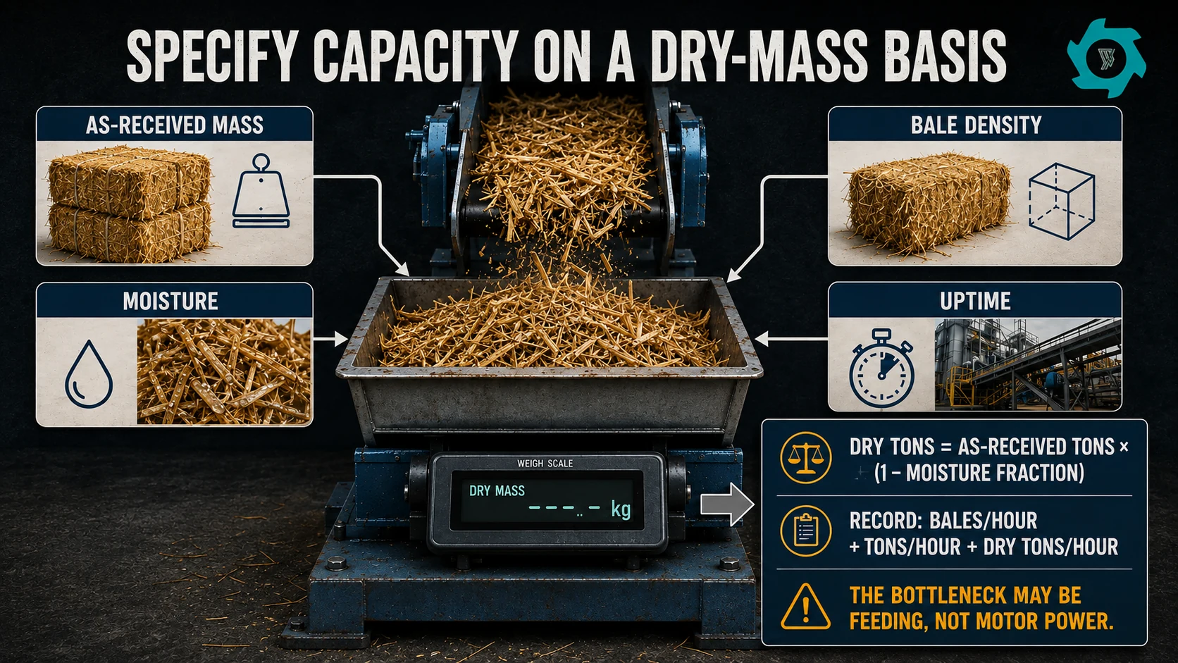 Dry-mass capacity infographic using as-received mass, moisture, bale density and uptime