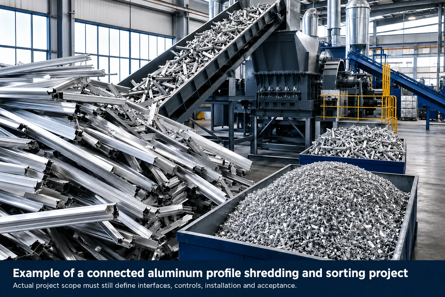 Connected aluminum recycling line with shredding and sorting equipment
