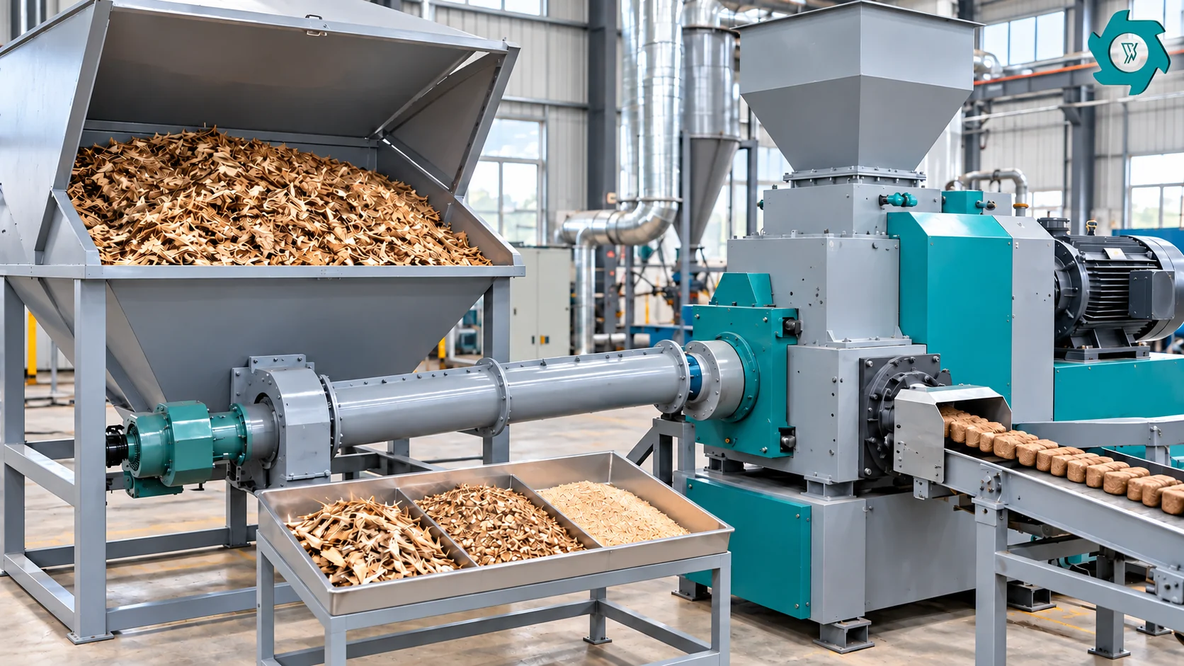 Industrial briquette press inlet with coarse medium and fine biomass fractions displayed for particle-size comparison