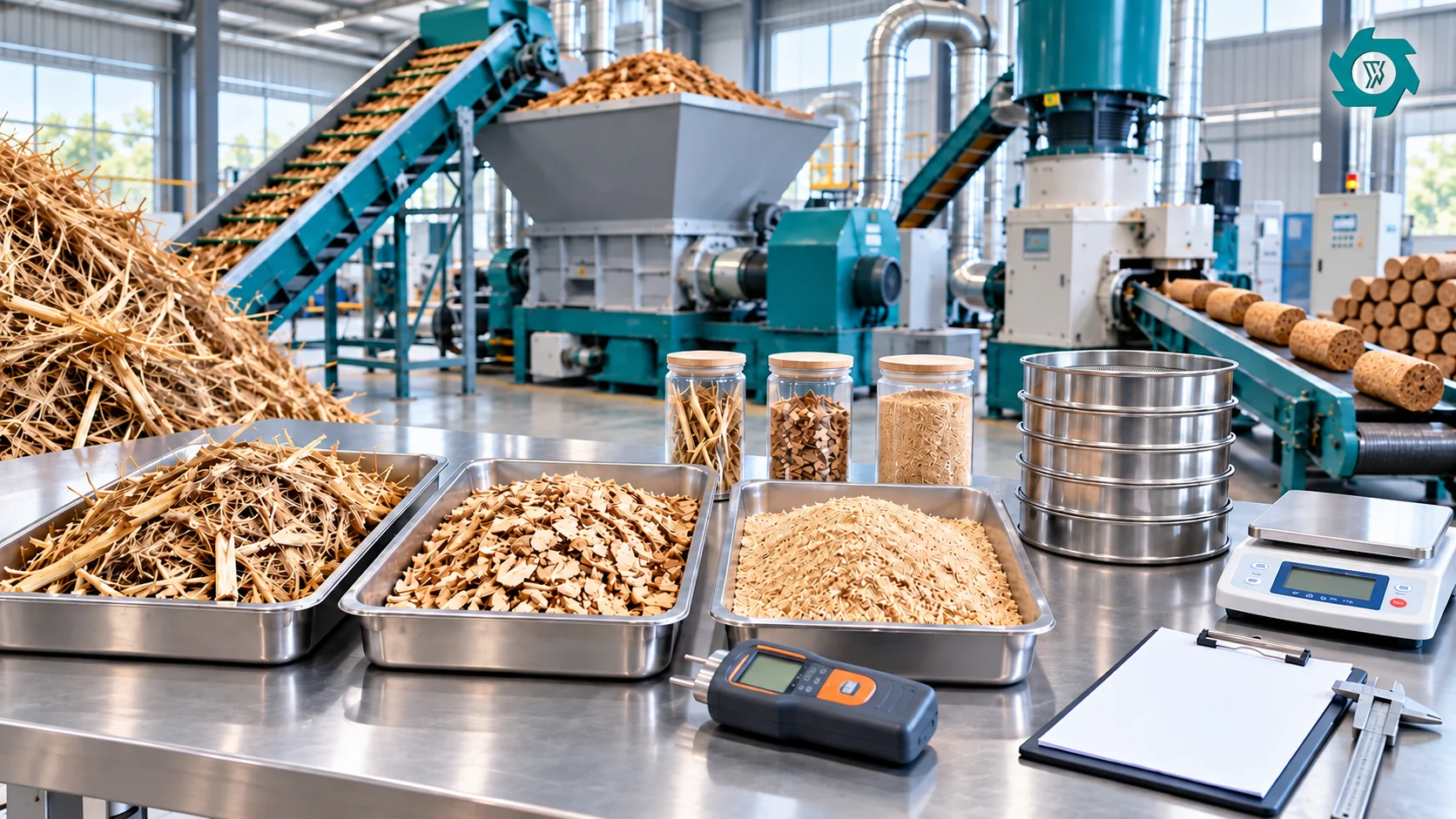 Quality control bench with biomass samples moisture meter sieves scale and briquetting line in the background