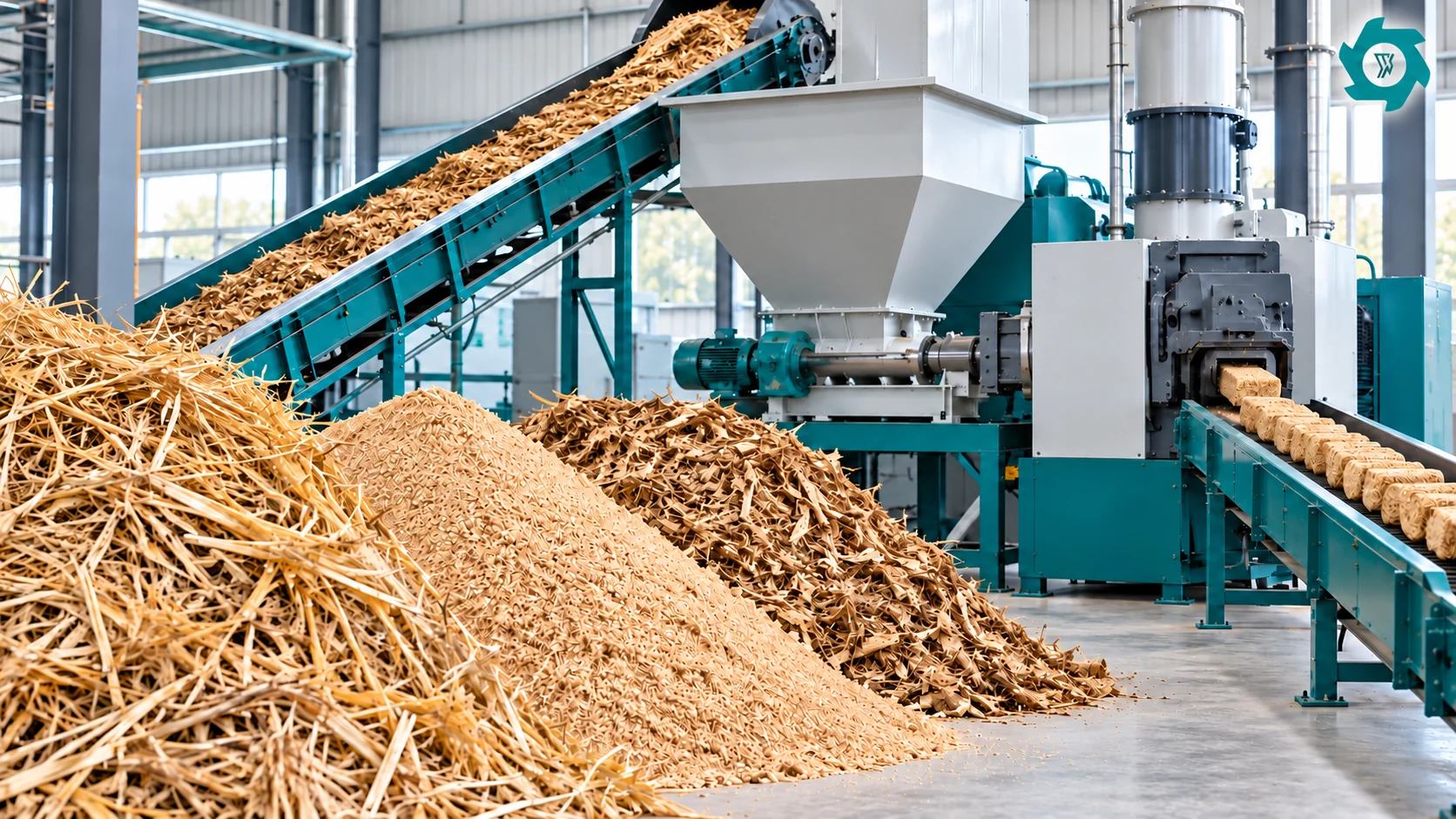 Straw sawdust and coarse biomass fractions beside an industrial briquette press and feeding system