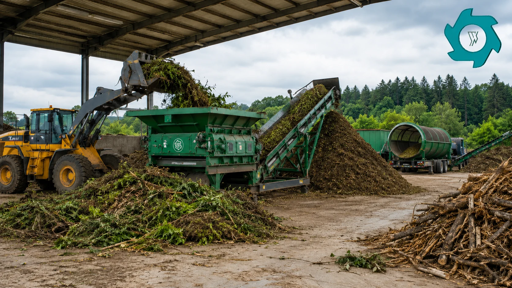 Green Waste Recycling Process: Shredding, Screening & Compost Preparation 1 Green waste recycling facility with loader-fed shredder and screening equipment