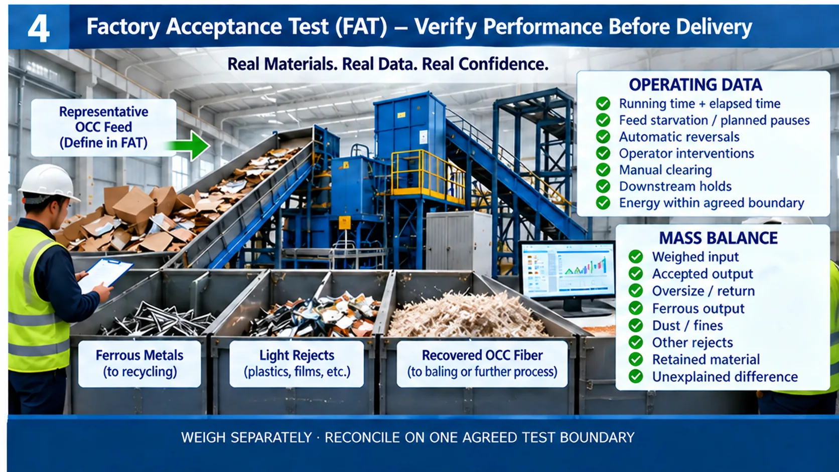 Factory acceptance test for OCC recycling equipment showing representative feed, operating data, separated outputs and mass balance verification