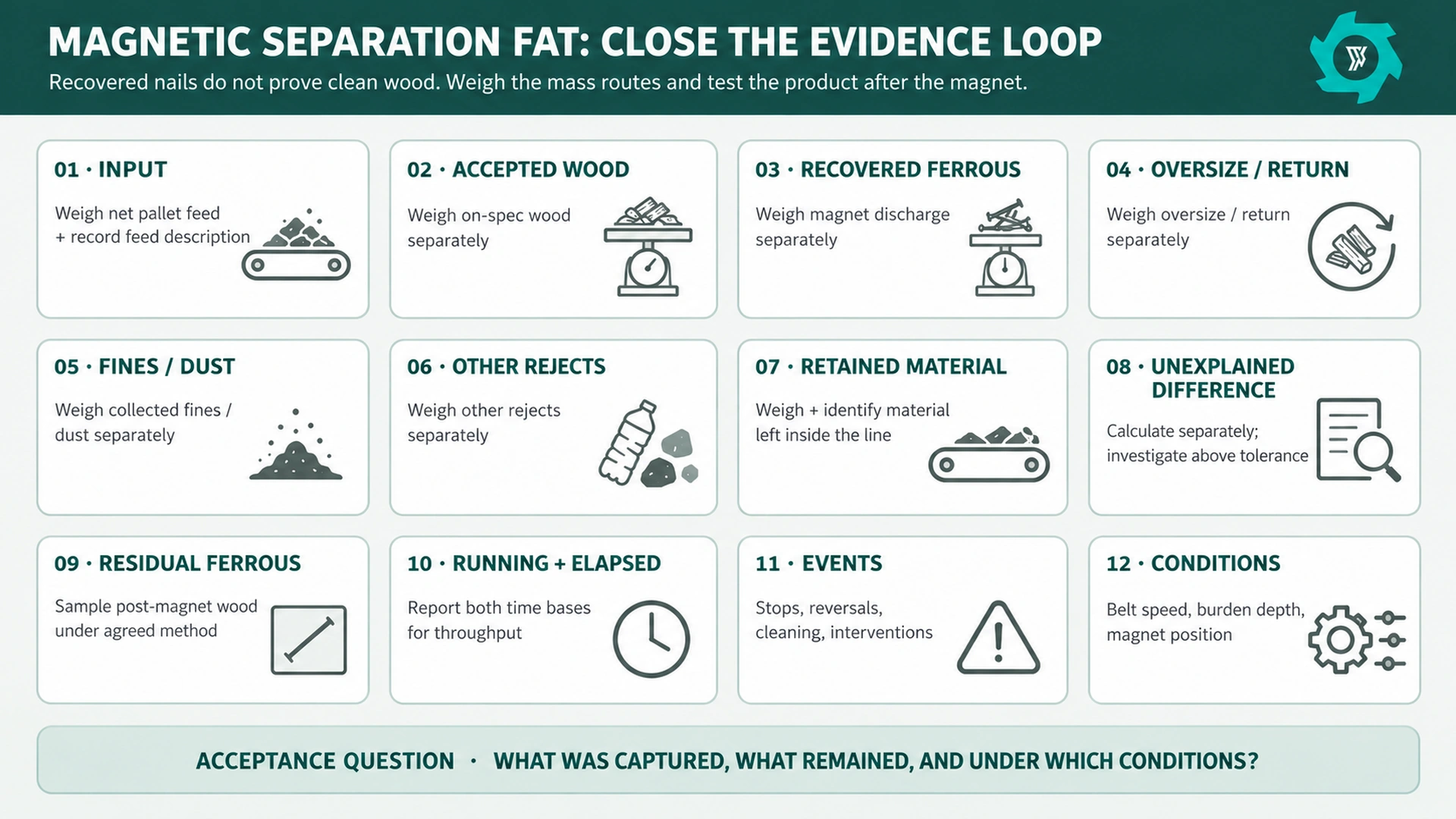 Factory acceptance test evidence list for magnetic separation in wood pallet recycling