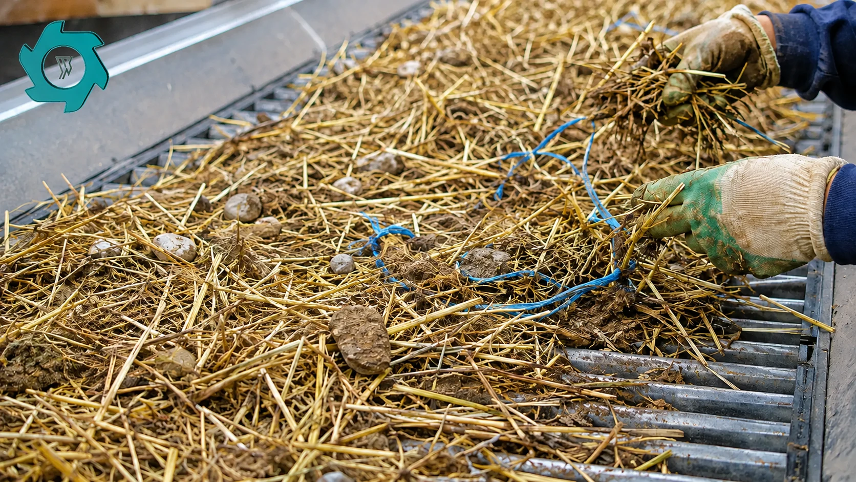 Rice Straw Recycling Machine: Process & Equipment 3 Rice straw inspection conveyor showing soil clods, stones and blue baling twine removed before shredding