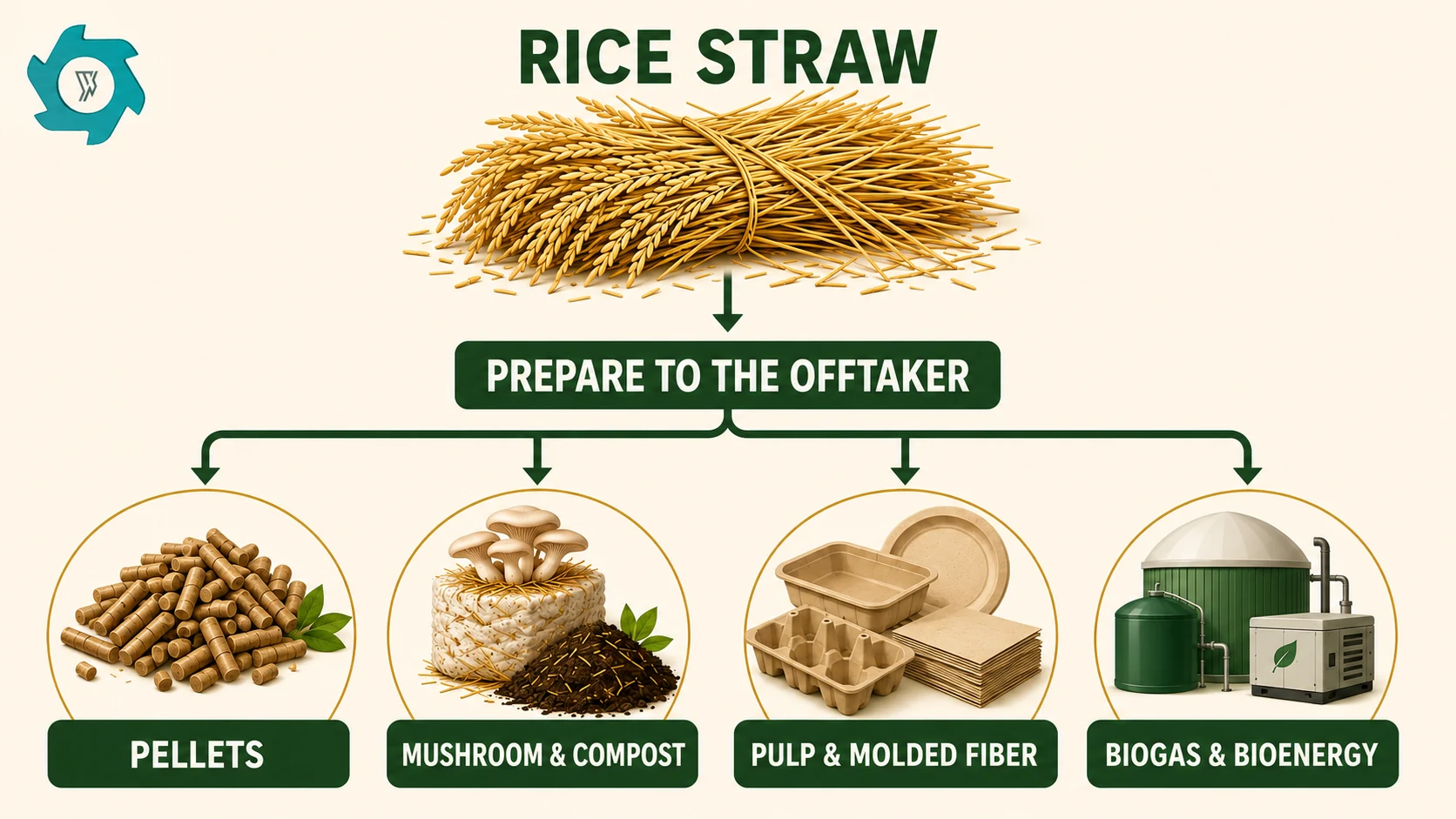 Rice Straw Recycling Machine: Process & Equipment 2 Rice straw downstream options for pellets, mushroom and compost substrate, molded fiber and bioenergy