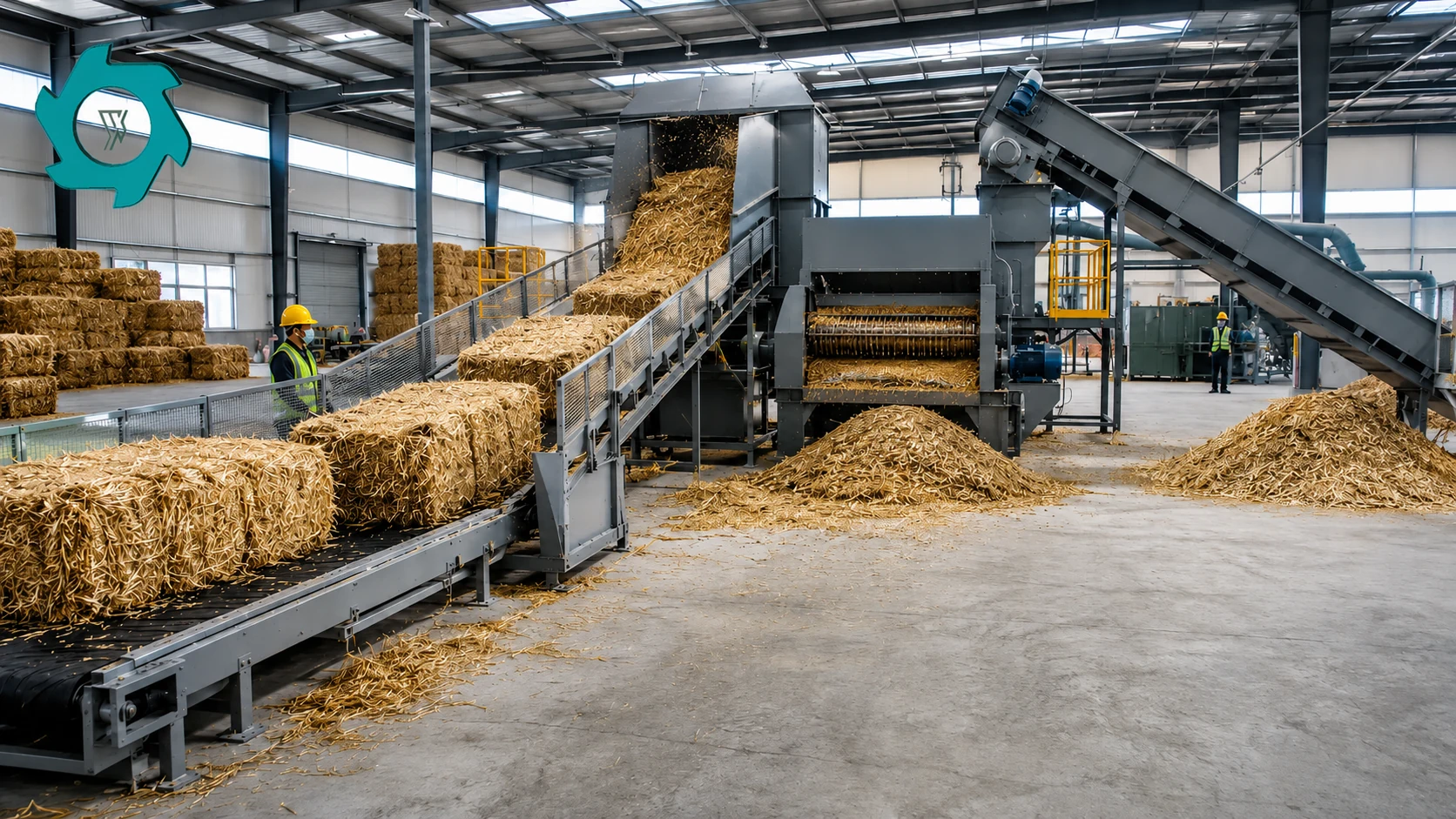 Rice Straw Recycling Machine: Process & Equipment 1 Industrial rice straw recycling machine line with bale receiving, opening, metered feeding and shredding