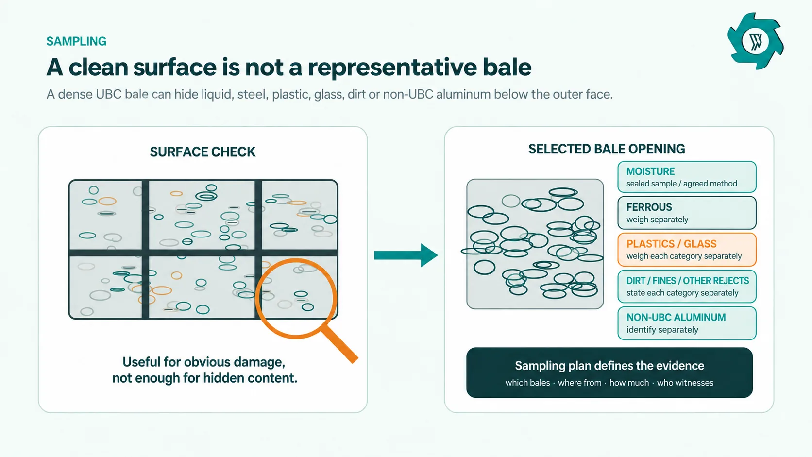 UBC bale sampling diagram comparing surface inspection with selected bale opening for moisture and contamination checks