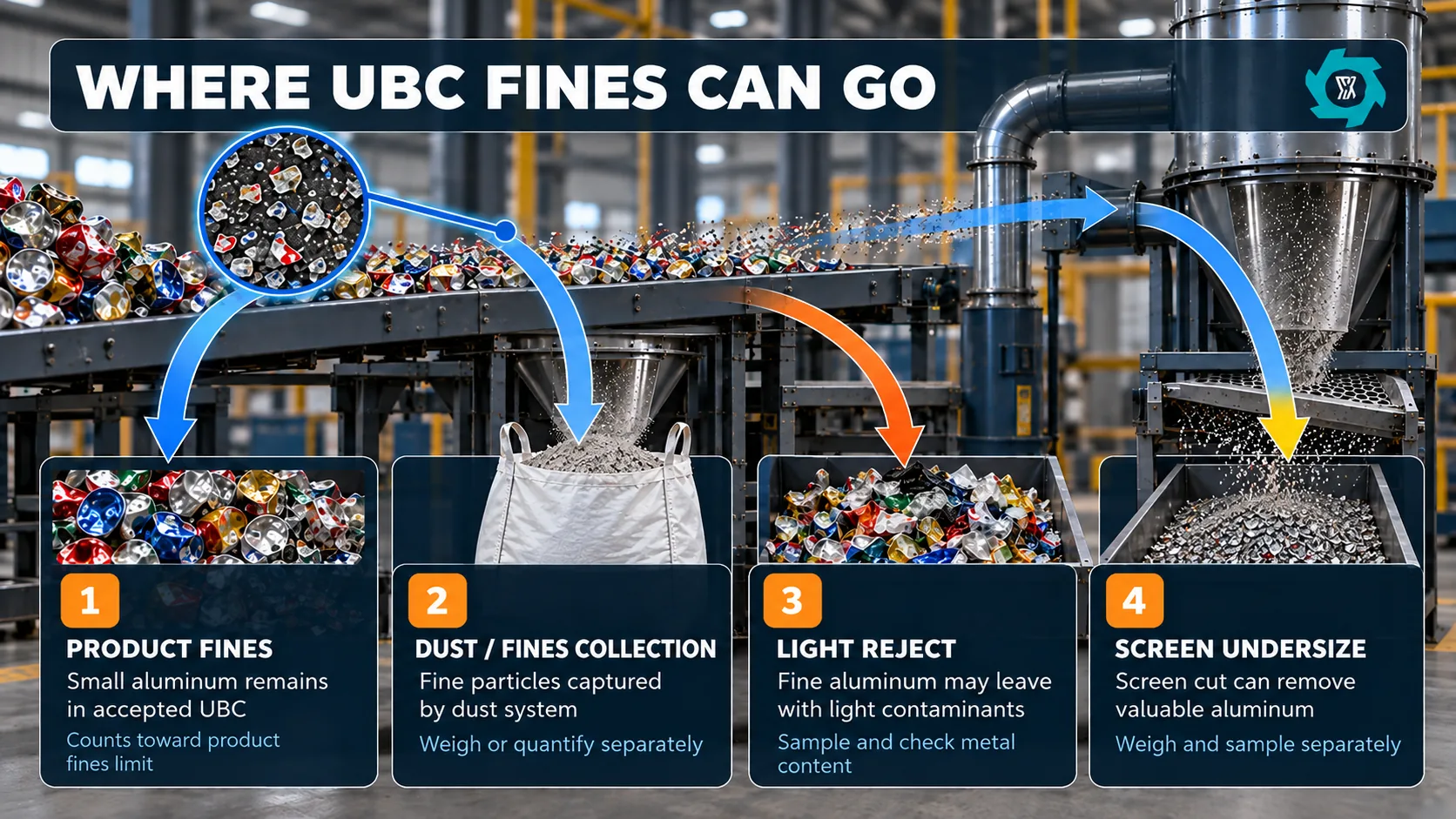 UBC fines loss pathways showing product fines, dust and light fraction, and reject or undersize streams