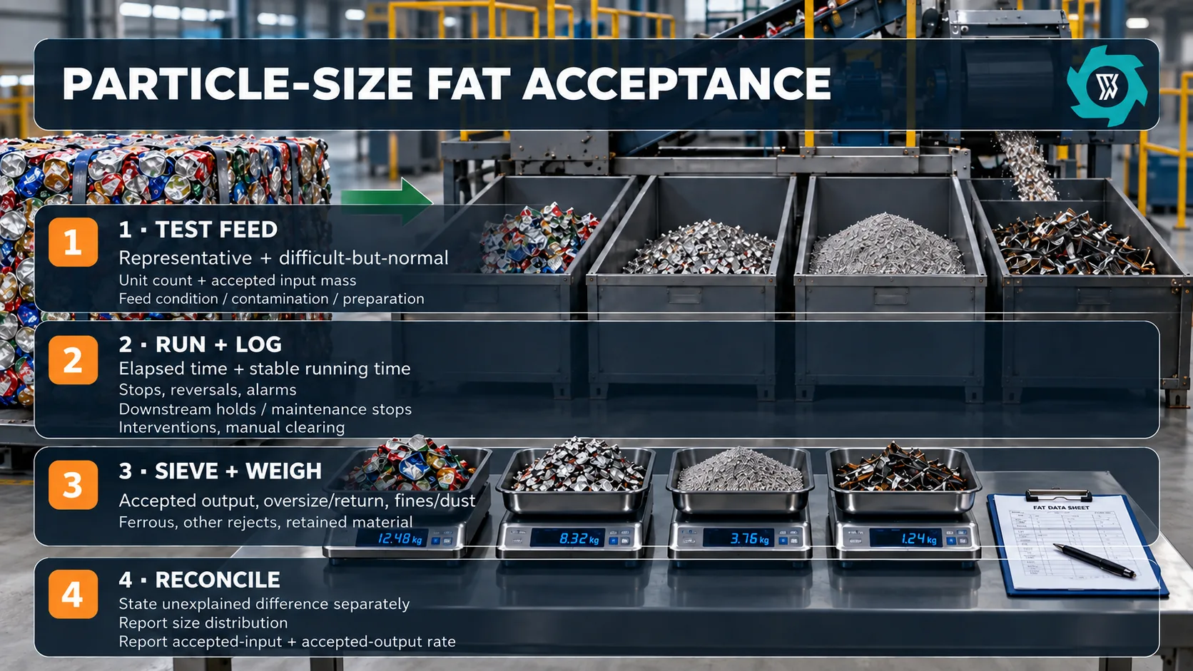 UBC particle-size FAT acceptance covering representative feed, operating events, sieve analysis, separately weighed outputs and mass reconciliation