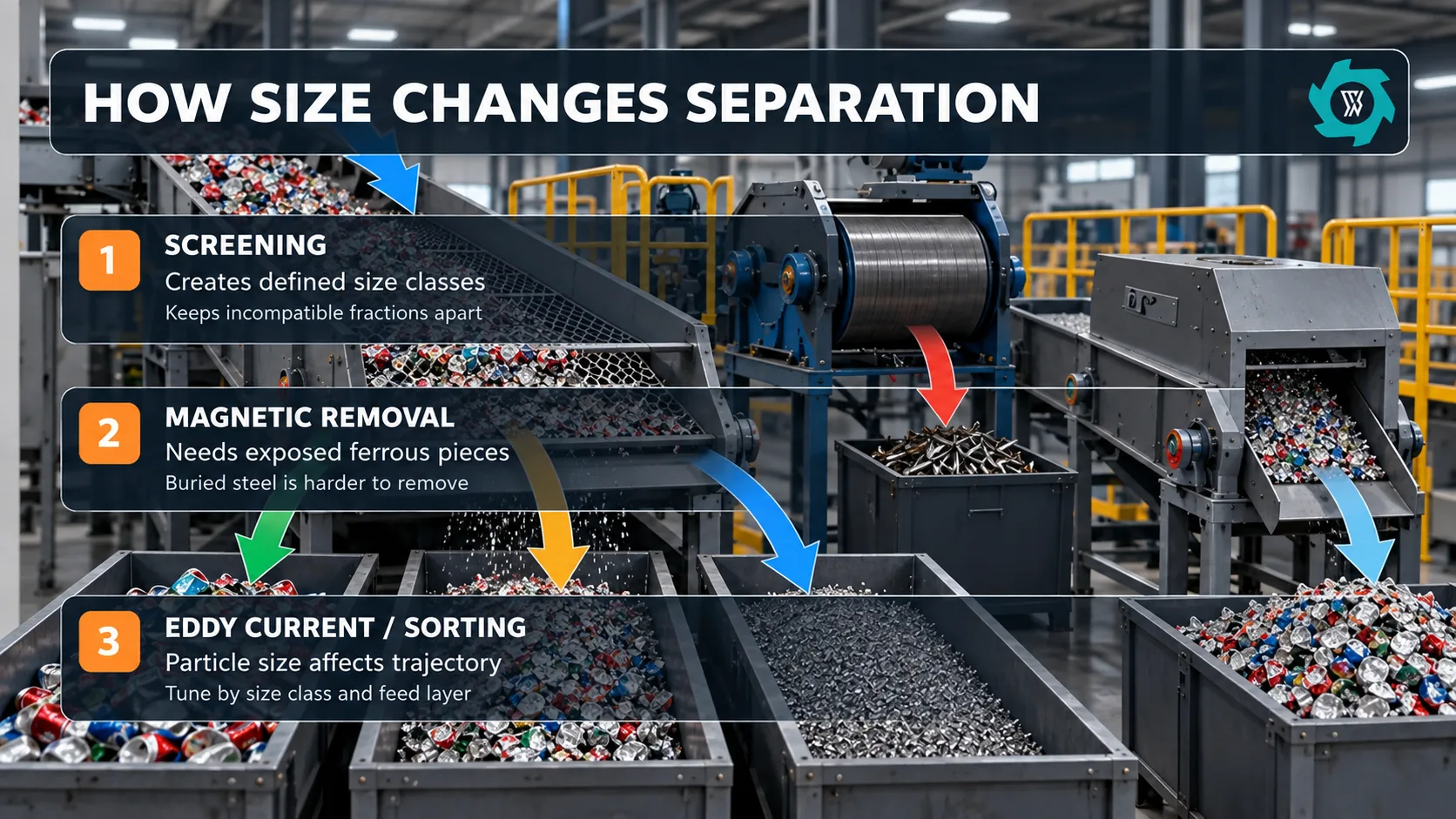 Diagram showing how shredded UBC particle size affects screening, magnetic removal and eddy current sorting