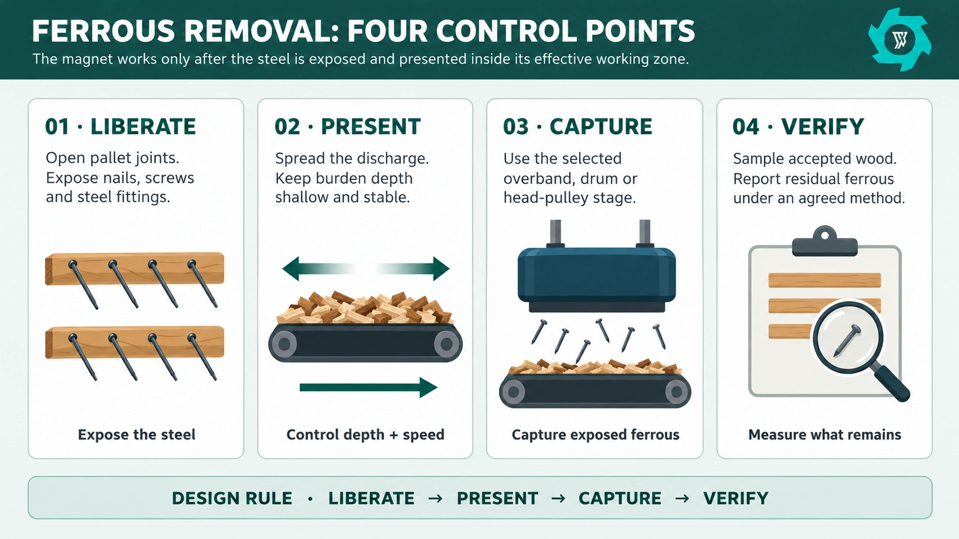 Four-step ferrous removal control loop showing liberation, presentation, capture and verification