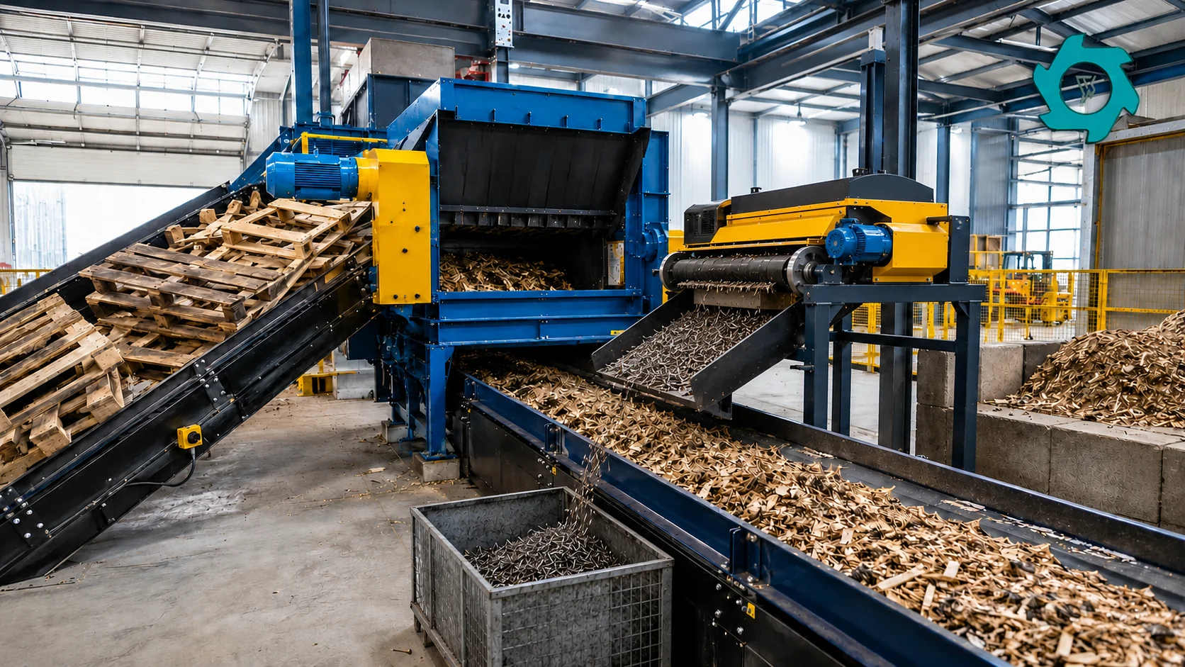 Wood Pallet Recycling Machine: Shredding Pallets & Removing Nails 1 Industrial wood pallet recycling machine line with shredder conveyor and magnetic nail separation